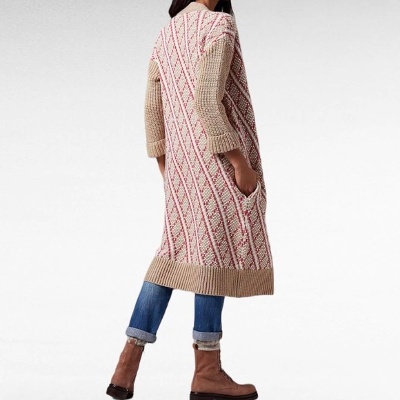 Anthropologie Sweaters - Anthropologie Patrice Geometric Cardigan Duster Pink Tan Long Length S Small